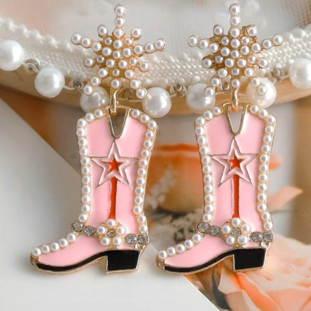 Pearl Enamel Cowboy Boot Earrings in Pink